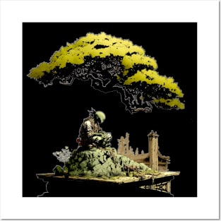 Contemplating the Complexities Under the Japanese Bonsai Tree No. 1 on a Dark Background Posters and Art